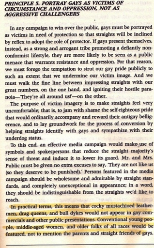 "After the Ball: How America Will Conquer Its Fear & Hatred of Gays in the 90s" by Marshall Kirk and Hunter Madsen, page 183